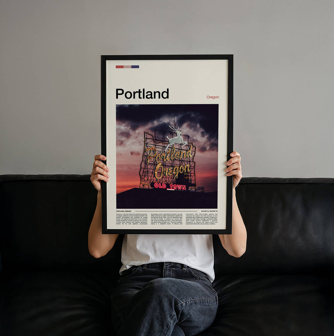 Portland Neon Sign At Sunset Travel Print held up by hand to show the size of the print