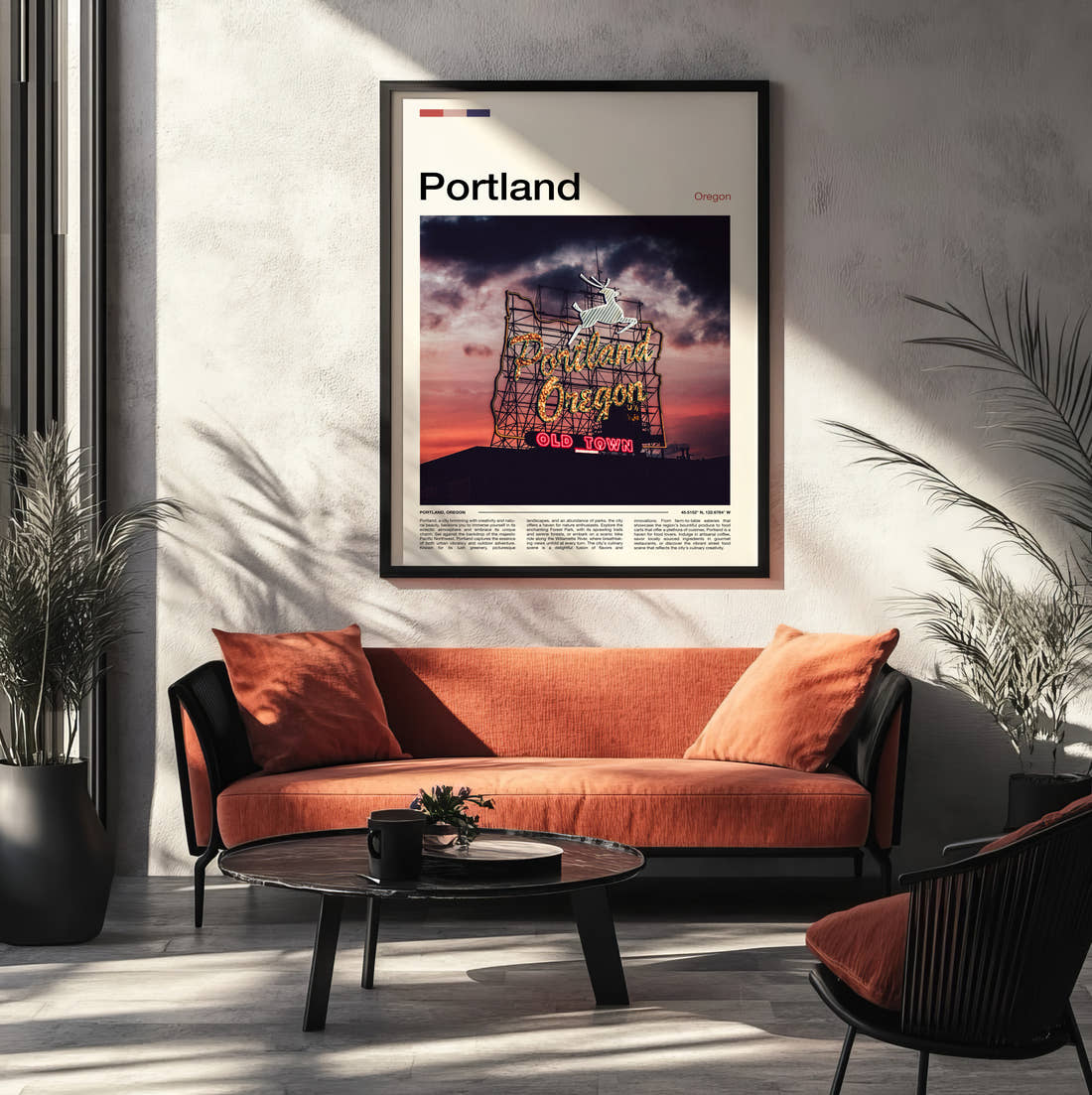 Portland Neon Sign At Sunset Travel Print framed on the wall of a modern living room