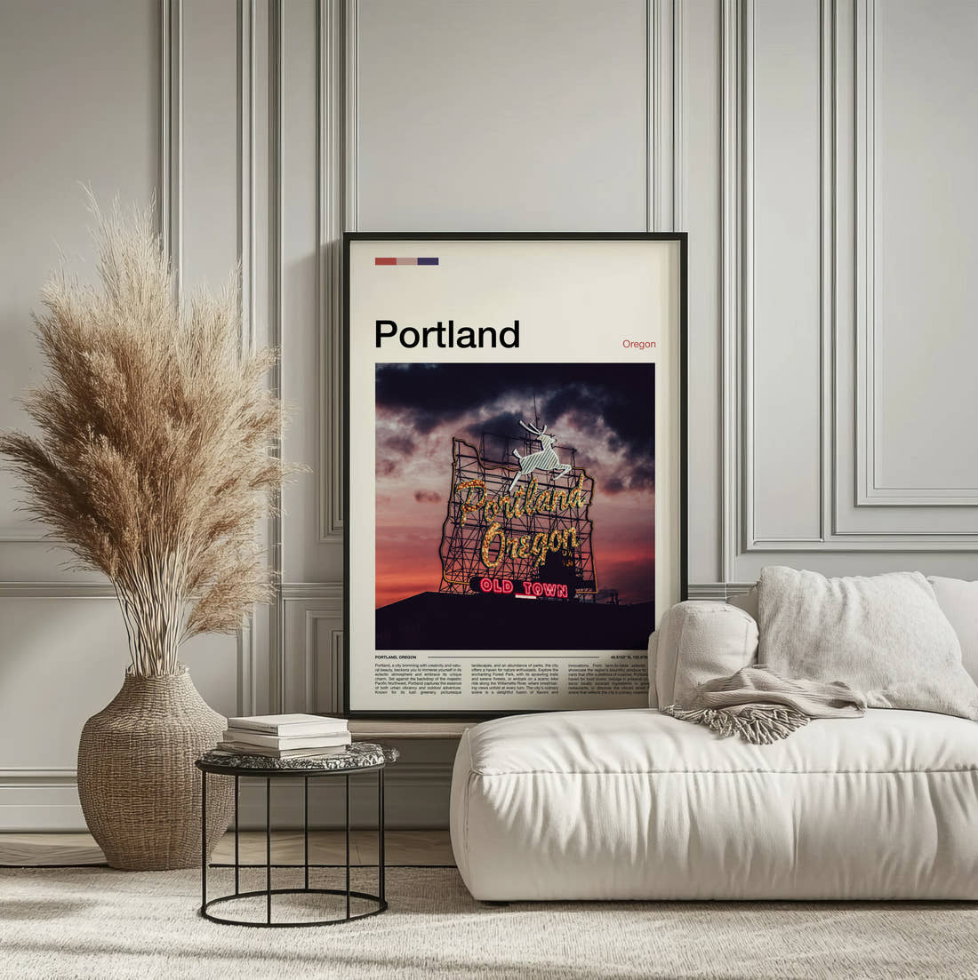 Portland Neon Sign At Sunset Travel Print framed on the wall of a calm, neutral bedroom