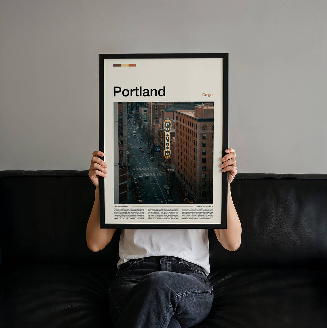 Portland Vertical Marquee Sign Travel Print held up by hand to show the size of the print