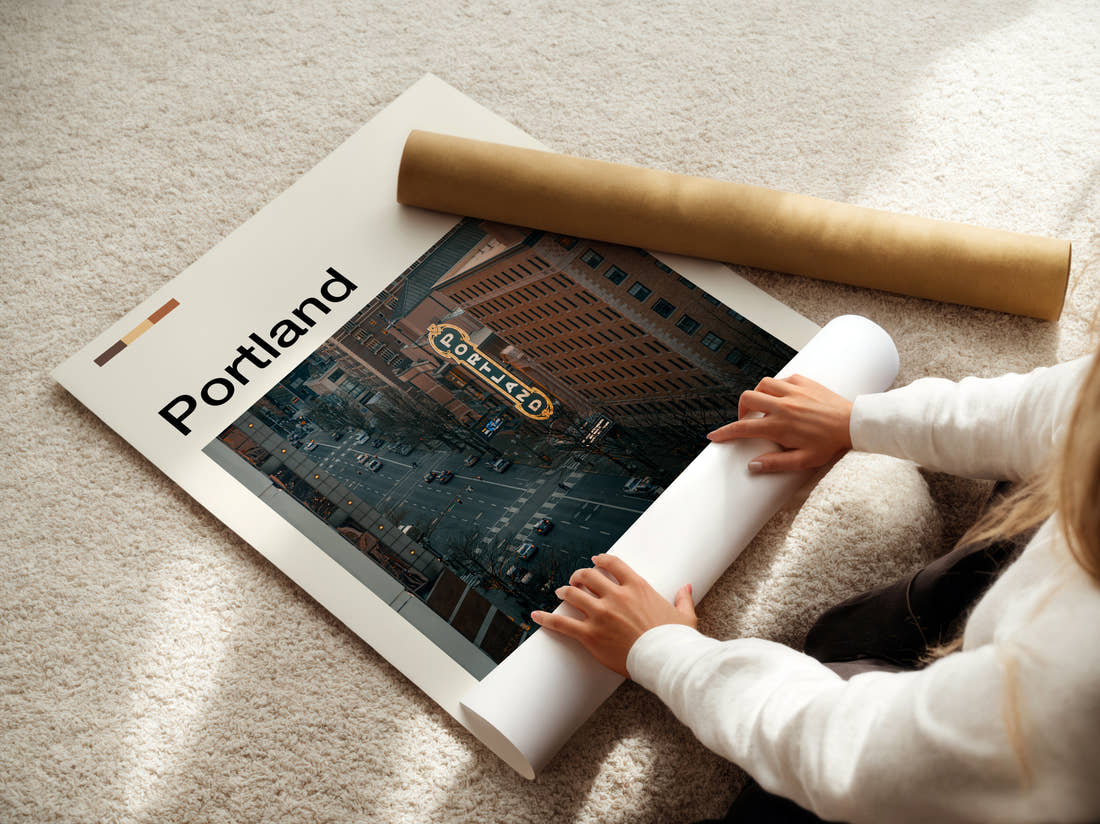 Portland Vertical Marquee Sign Travel Print being unrolled from its postal tube
