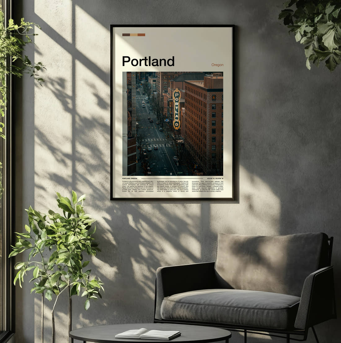 Portland Vertical Marquee Sign Travel Print framed on the wall of a relaxed living room
