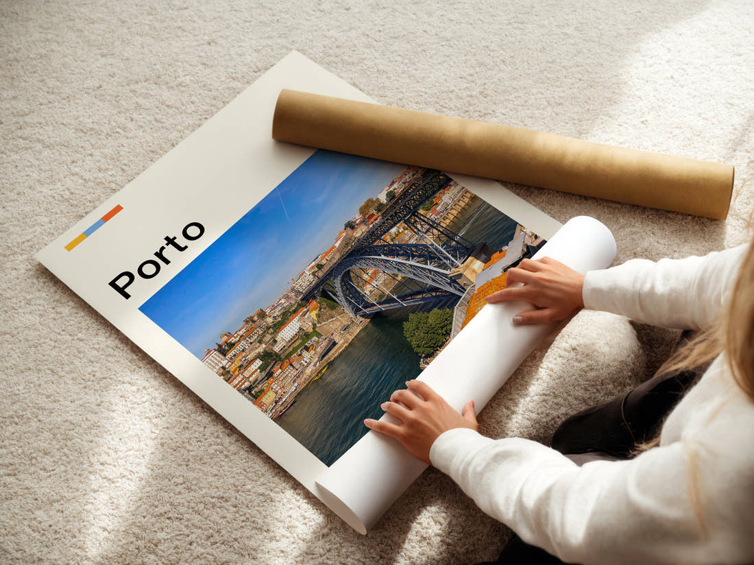 Porto Iron Arch Bridge Travel Print being unrolled from its postal tube