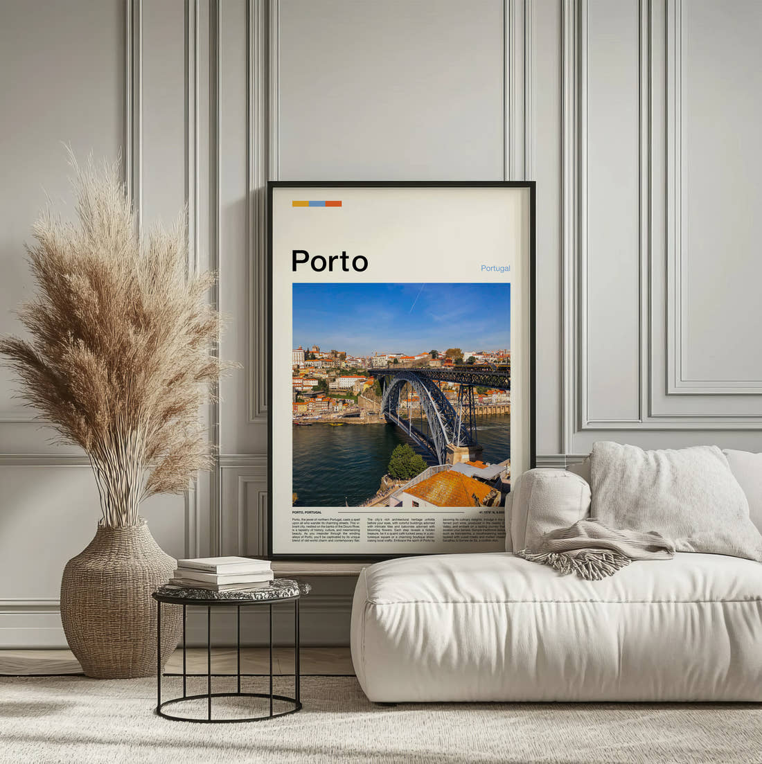 Porto Iron Arch Bridge Travel Print framed on the wall of a calm, neutral bedroom
