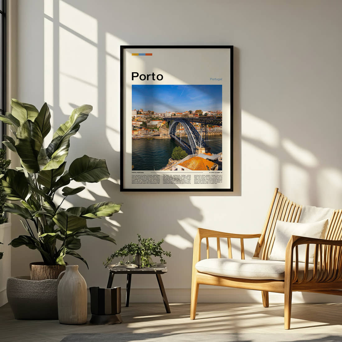 Porto Iron Arch Bridge Travel Print framed on a pale wall beside houseplants