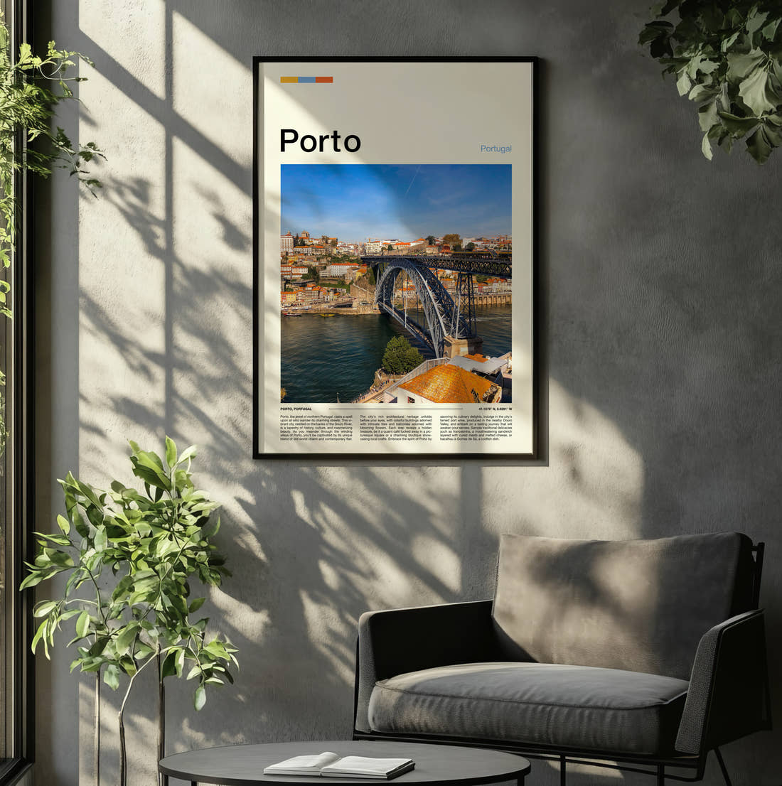 Porto Iron Arch Bridge Travel Print framed on the wall of a relaxed living room