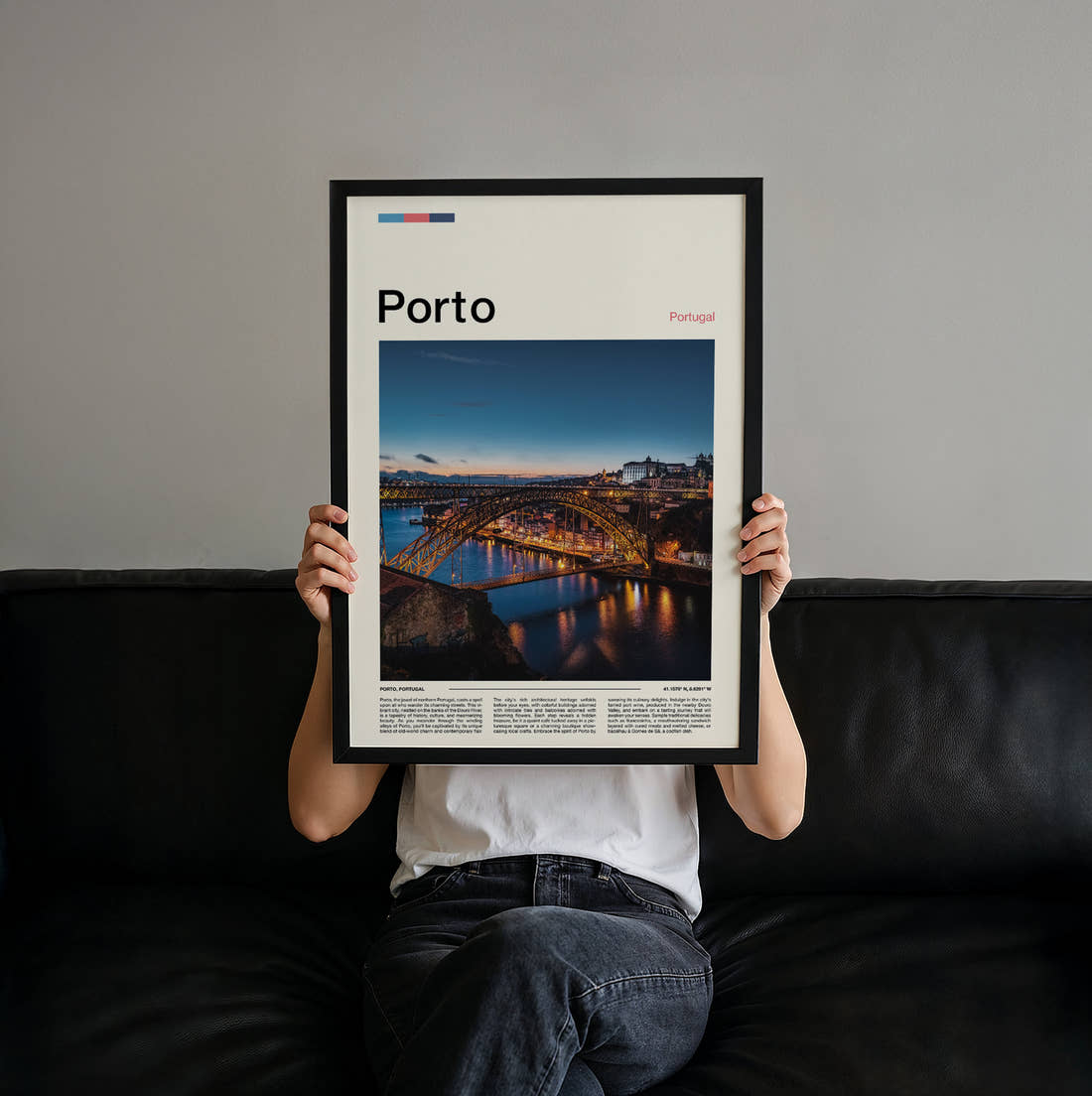 Porto Iron Bridge At Night Travel Print held up by hand to show the size of the print