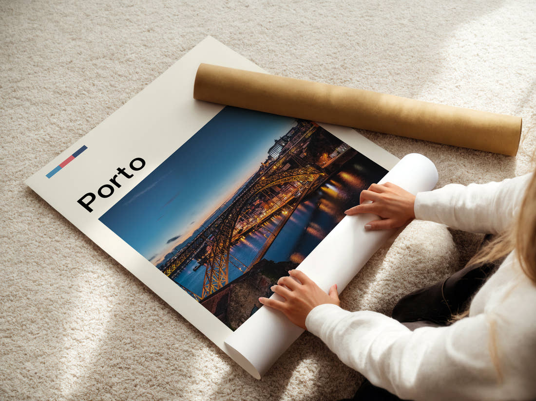 Porto Iron Bridge At Night Travel Print being unrolled from its postal tube