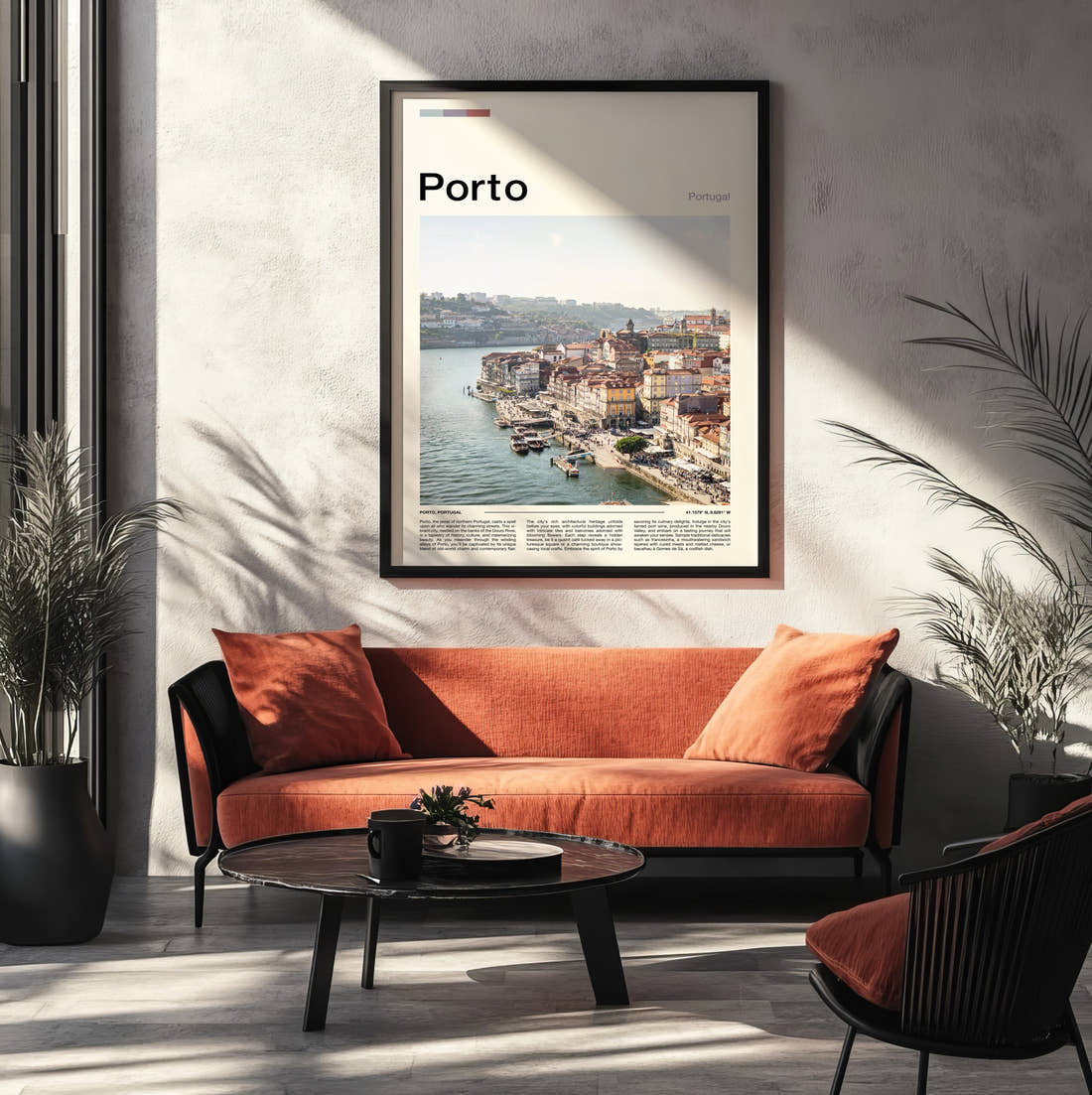 Porto Riverside Houses Travel Print framed on the wall of a modern living room