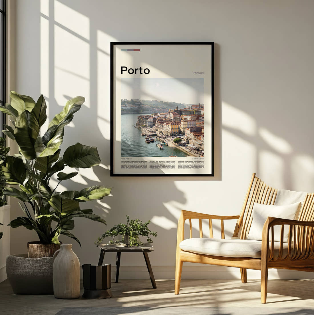 Porto Riverside Houses Travel Print framed on a pale wall beside houseplants