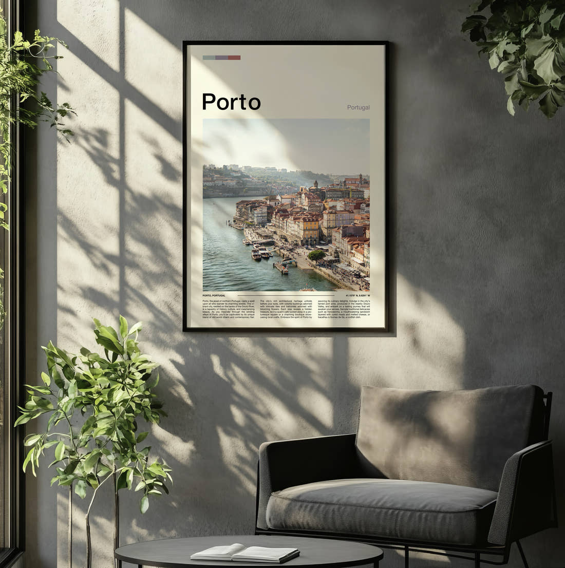 Porto Riverside Houses Travel Print framed on the wall of a relaxed living room