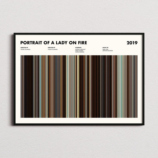 Portrait of a Lady on Fire Movie Barcode Poster framed and photographed straight on
