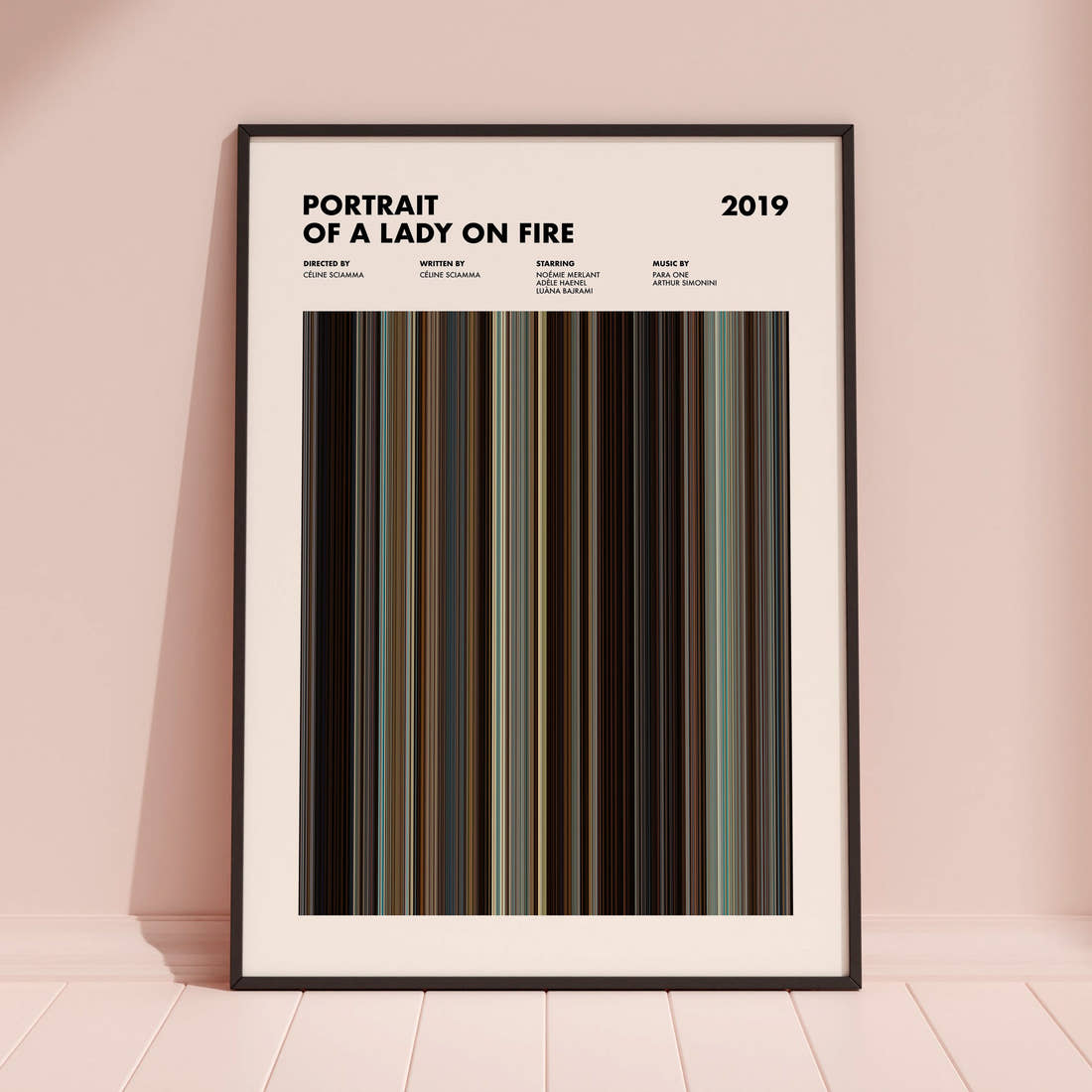 Portrait of a Lady on Fire Movie Barcode Poster framed and leaning against a coloured wall