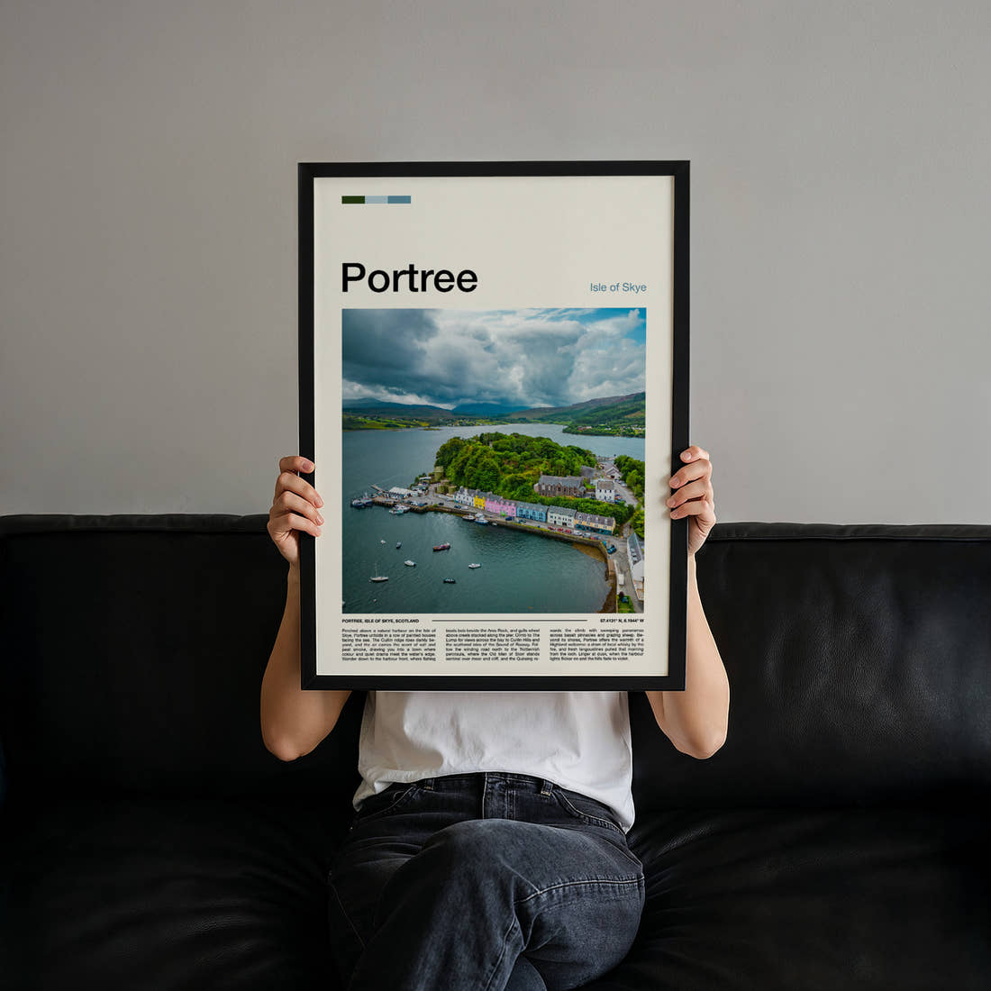Portree Aerial Harbour View Travel Print held up by hand to show the size of the print