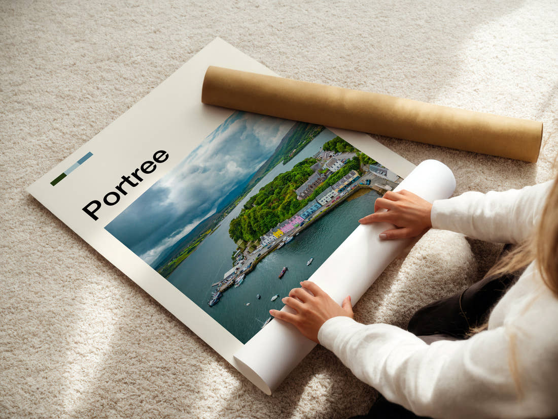 Portree Aerial Harbour View Travel Print being unrolled from its postal tube
