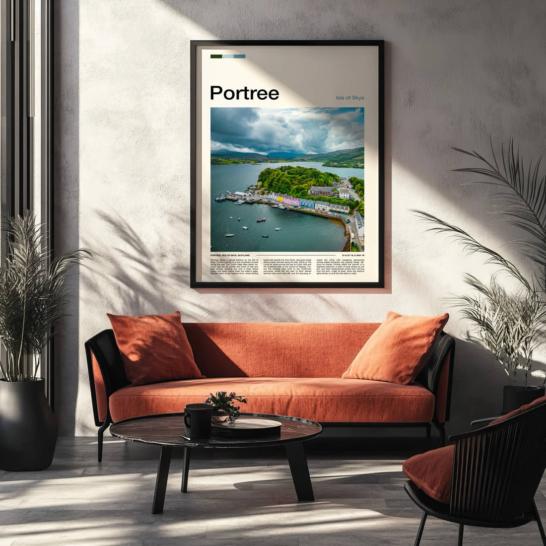 Portree Aerial Harbour View Travel Print framed on the wall of a modern living room