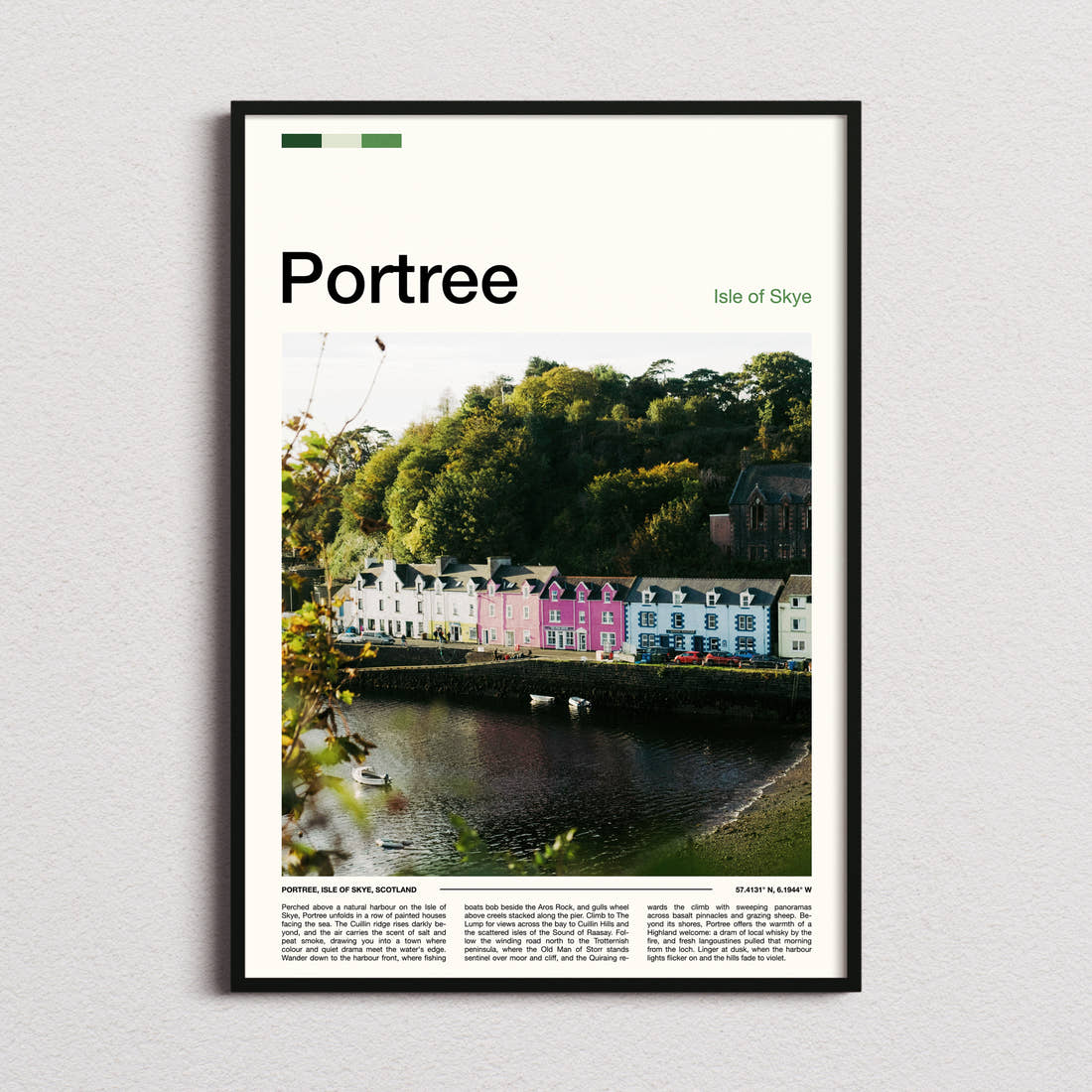 Portree Colourful Harbour Row Travel Print framed and photographed straight on