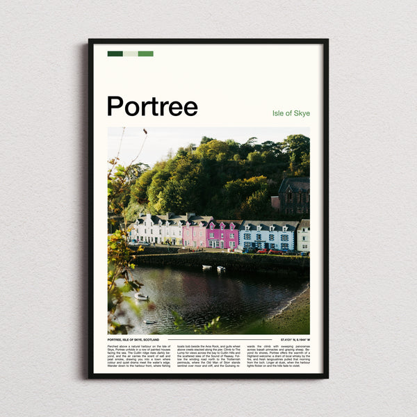 Portree Colourful Harbour Row Travel Print framed and photographed straight on