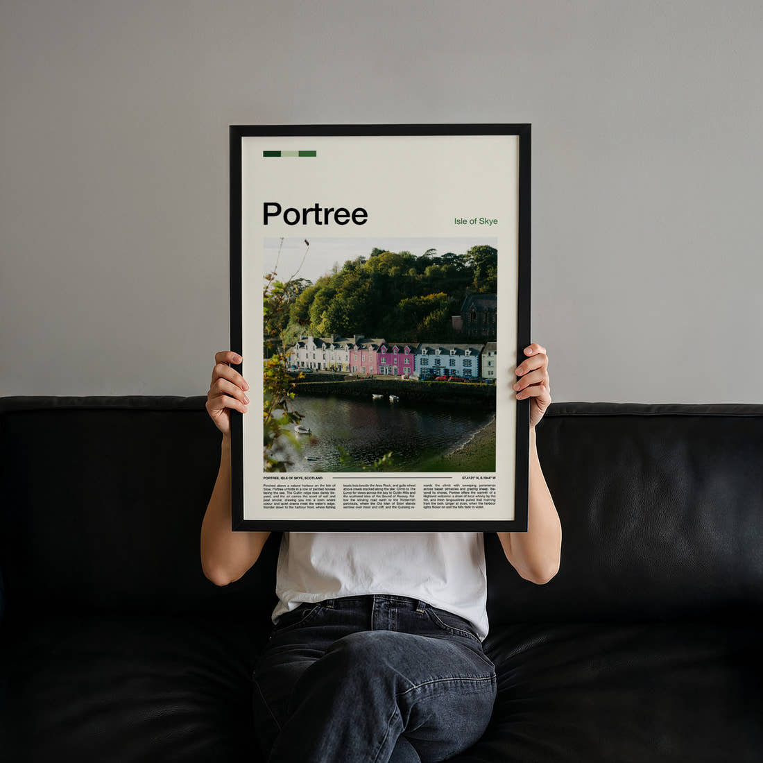 Portree Colourful Harbour Row Travel Print held up by hand to show the size of the print