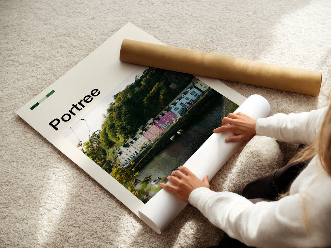 Portree Colourful Harbour Row Travel Print being unrolled from its postal tube
