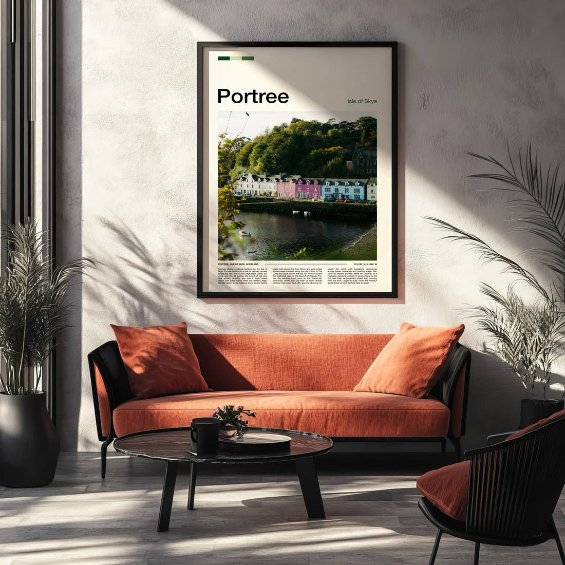 Portree Colourful Harbour Row Travel Print framed on the wall of a modern living room
