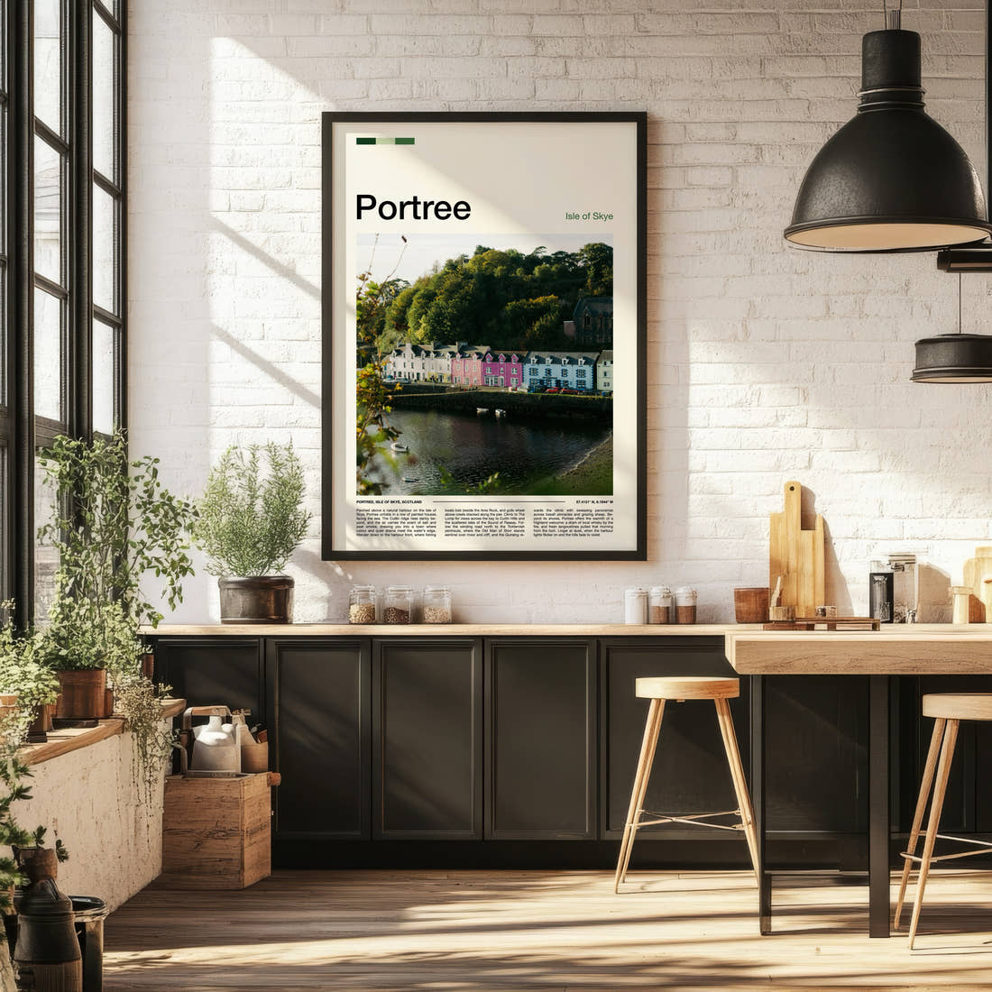 Portree Colourful Harbour Row Travel Print framed on the wall of a bright kitchen and dining space