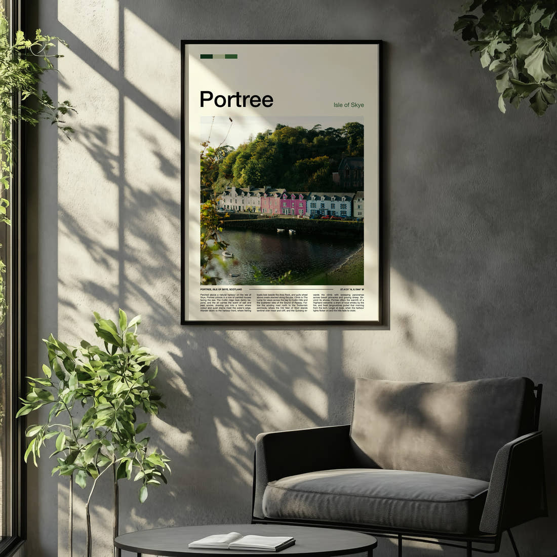 Portree Colourful Harbour Row Travel Print framed on the wall of a relaxed living room