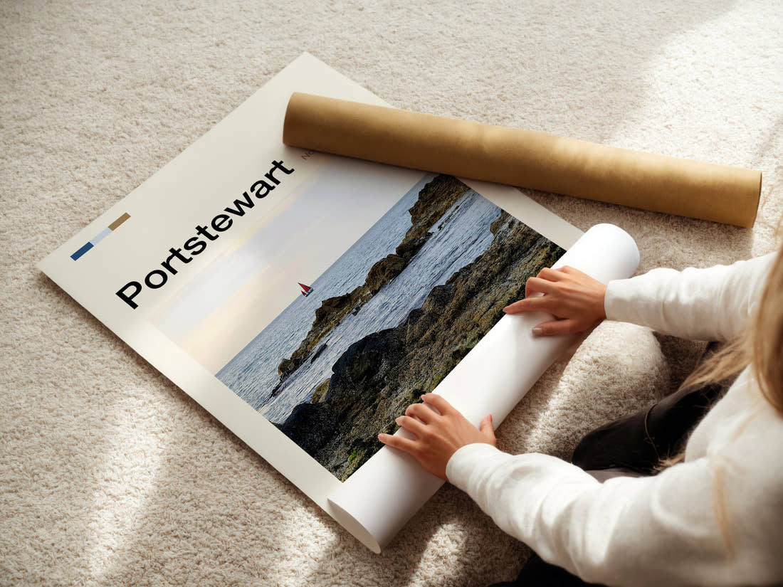 Portstewart Rocky Shoreline Sunset Travel Print being unrolled from its postal tube