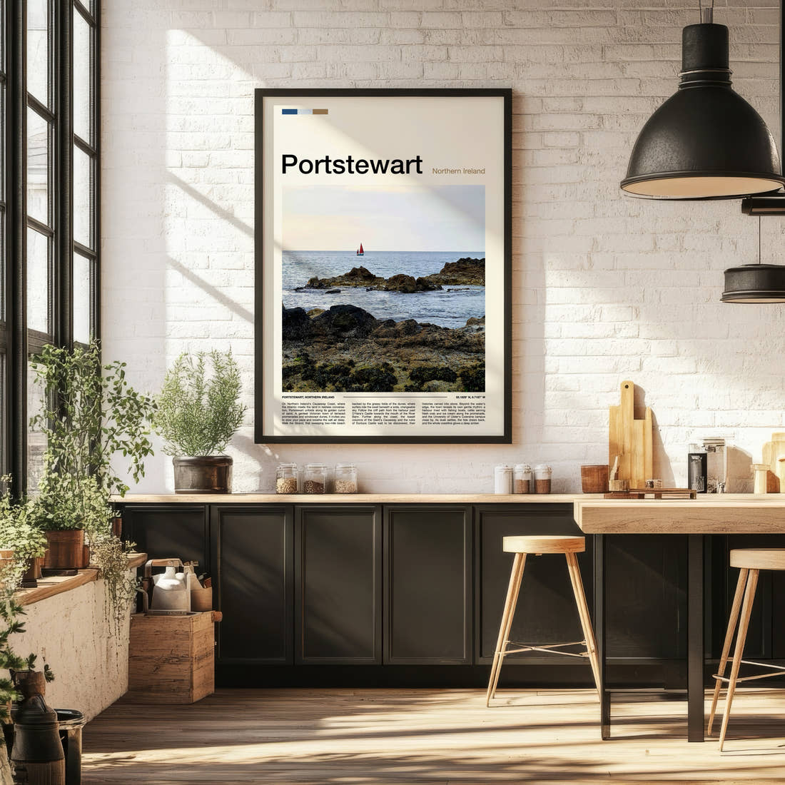 Portstewart Rocky Shoreline Sunset Travel Print framed on the wall of a bright kitchen and dining space