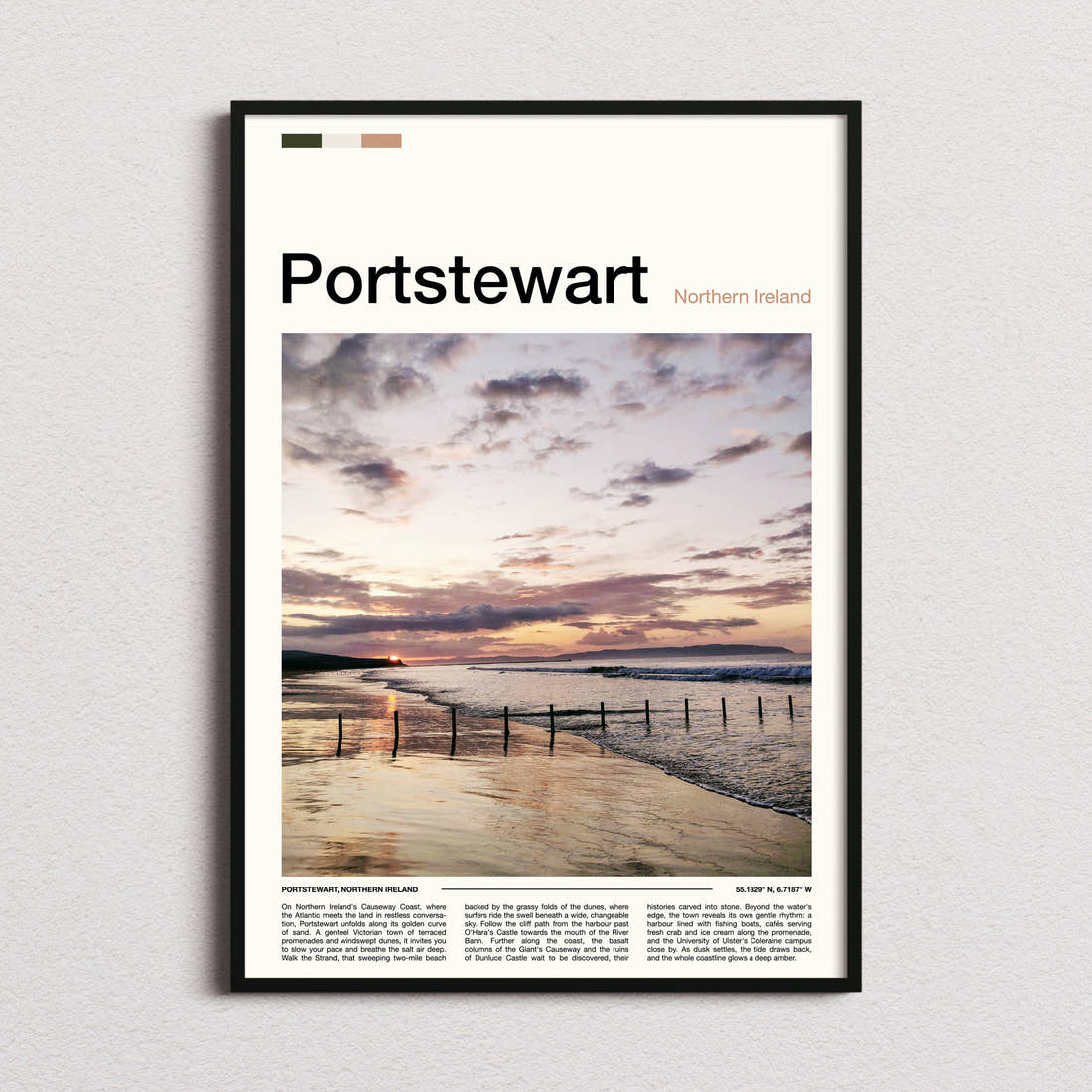 Portstewart Golden Sunset Shoreline Travel Print framed and photographed straight on