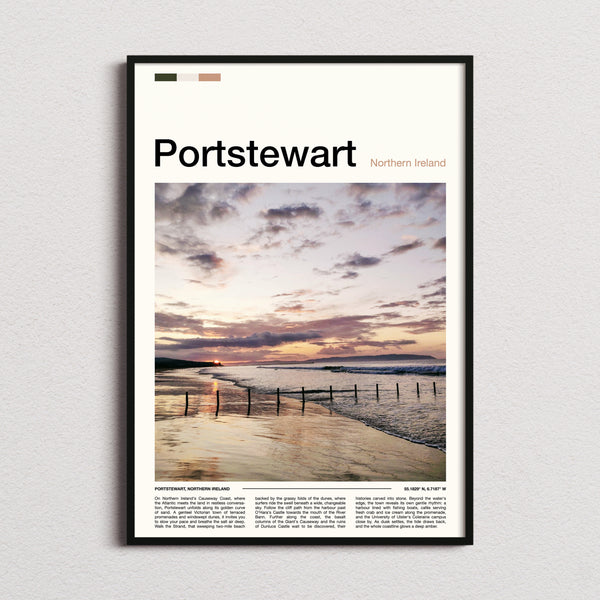 Portstewart Golden Sunset Shoreline Travel Print framed and photographed straight on