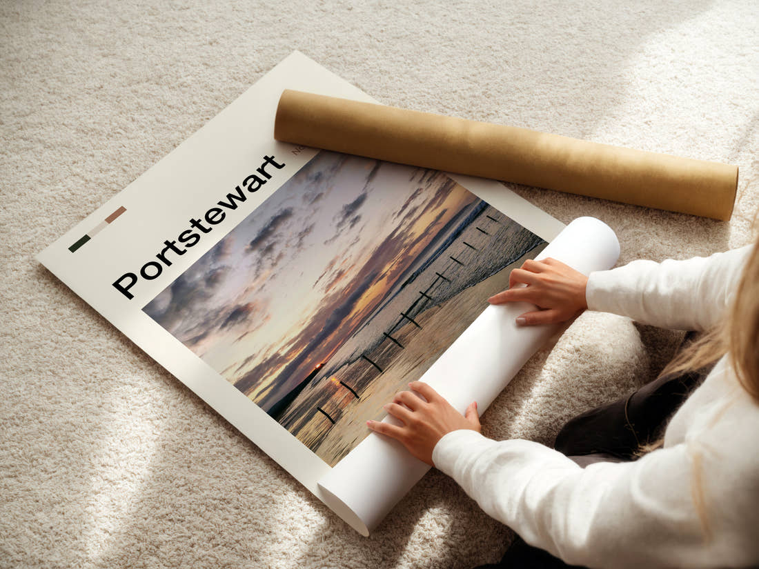 Portstewart Golden Sunset Shoreline Travel Print being unrolled from its postal tube