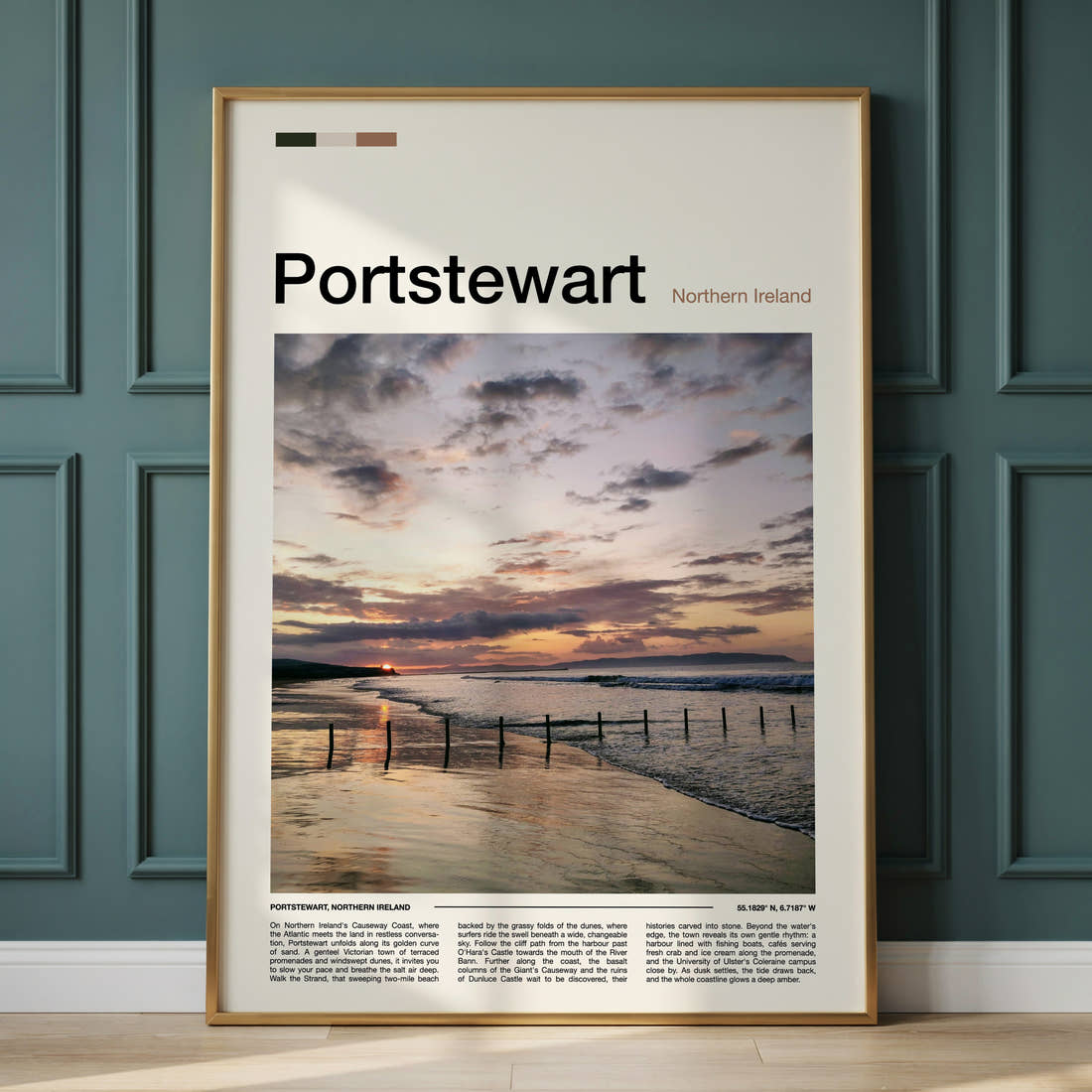 Portstewart Golden Sunset Shoreline Travel Print framed on the wall of a calm, neutral bedroom