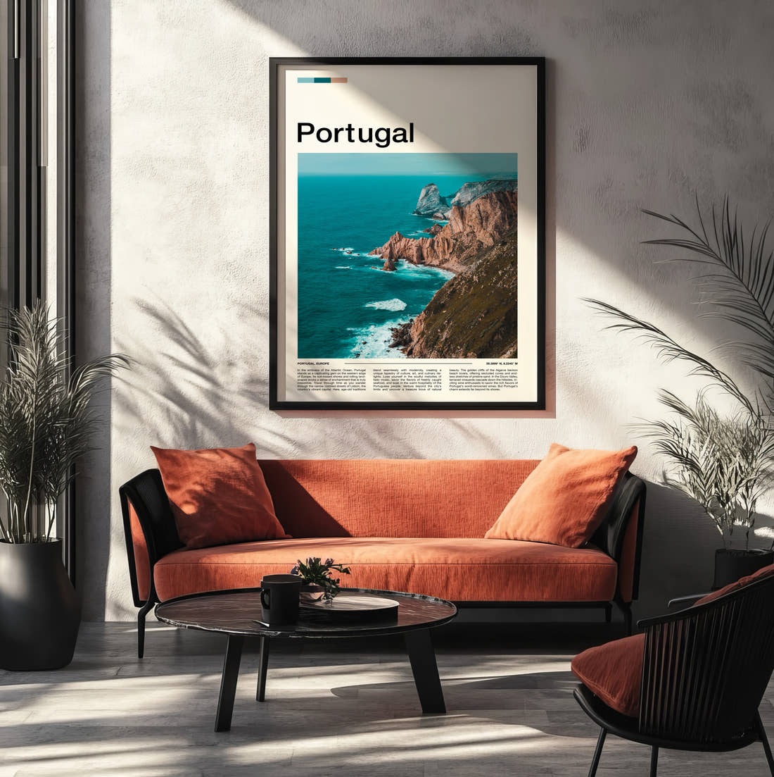 Portugal Coastal Cliffs Travel Print framed on the wall of a modern living room