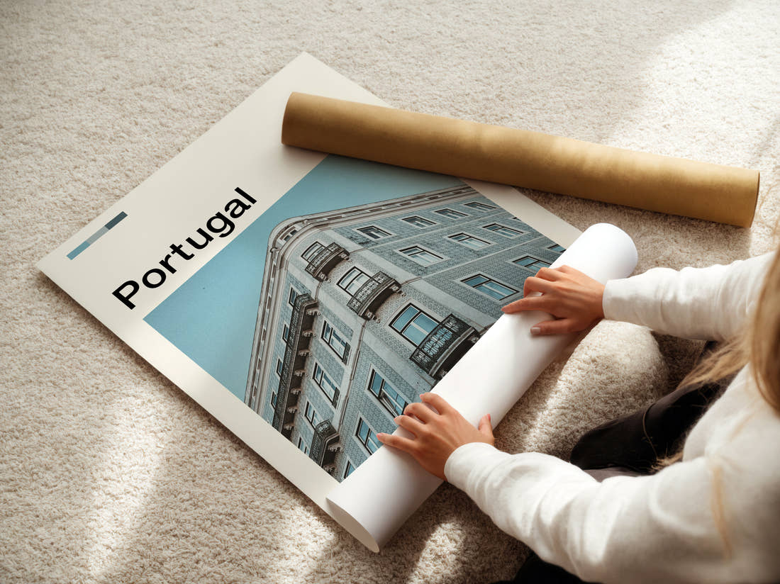 Portugal Tiled Building Facade Travel Print being unrolled from its postal tube