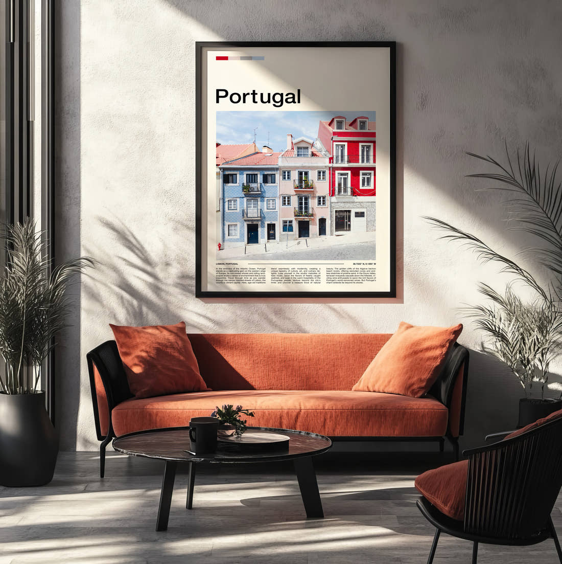 Portugal Colourful Townhouses Travel Print framed on the wall of a modern living room