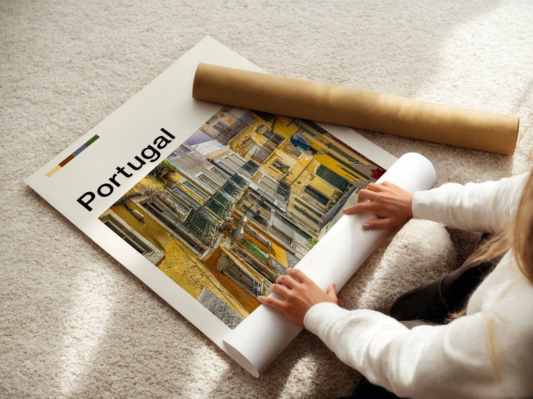 Portugal Narrow Street Travel Print being unrolled from its postal tube