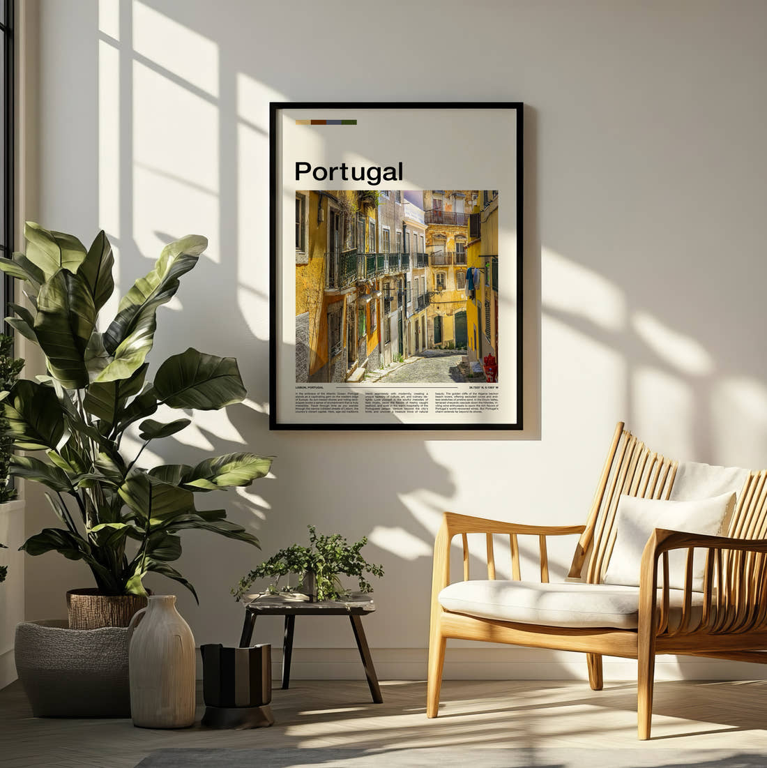 Portugal Narrow Street Travel Print framed on a pale wall beside houseplants