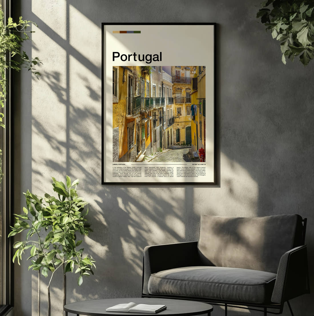 Portugal Narrow Street Travel Print framed on the wall of a relaxed living room