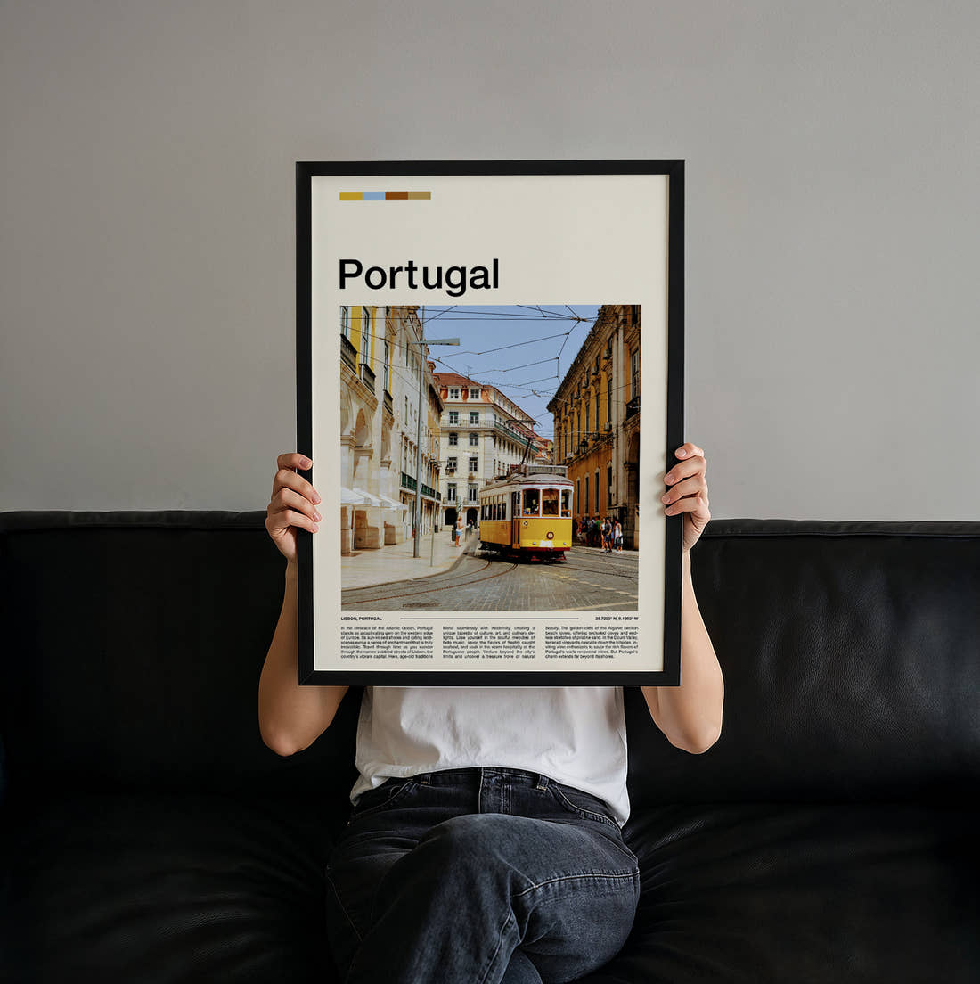 Portugal Yellow Tram Travel Print held up by hand to show the size of the print