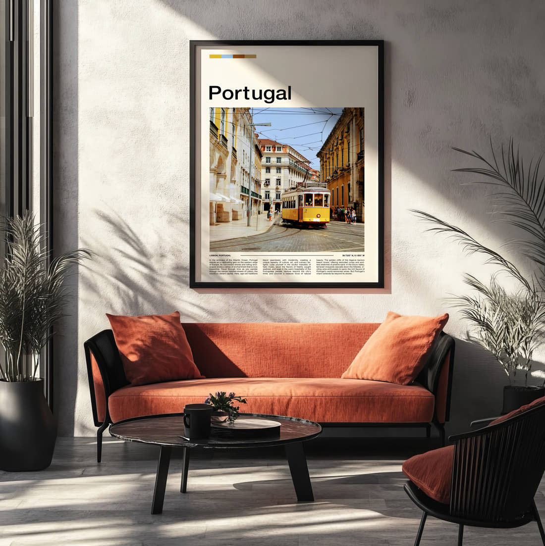 Portugal Yellow Tram Travel Print framed on the wall of a modern living room