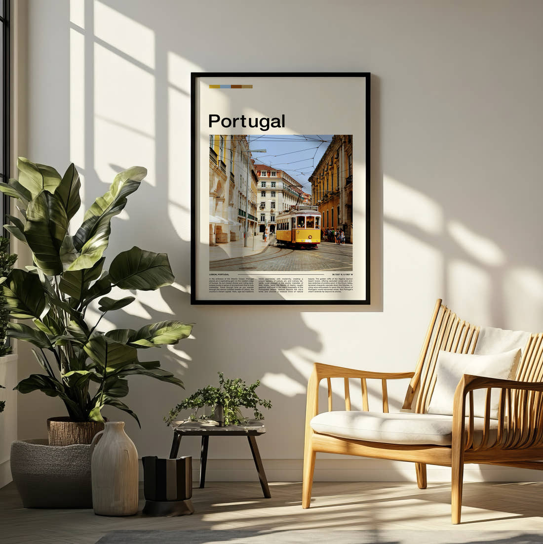 Portugal Yellow Tram Travel Print framed on a pale wall beside houseplants