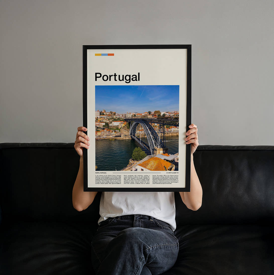 Portugal Iron Arch Bridge Travel Print held up by hand to show the size of the print