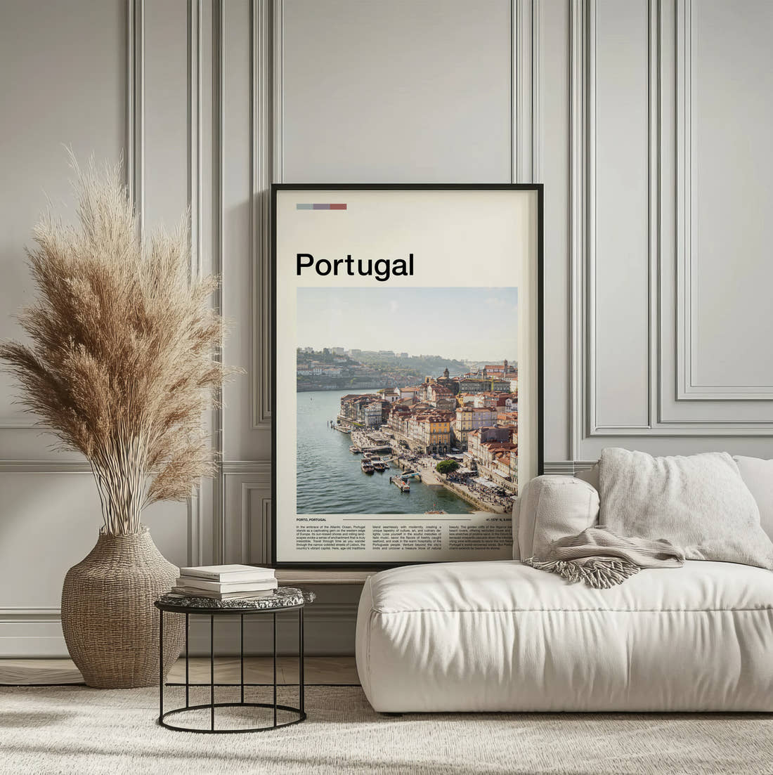 Portugal Riverside Houses Travel Print framed on the wall of a calm, neutral bedroom