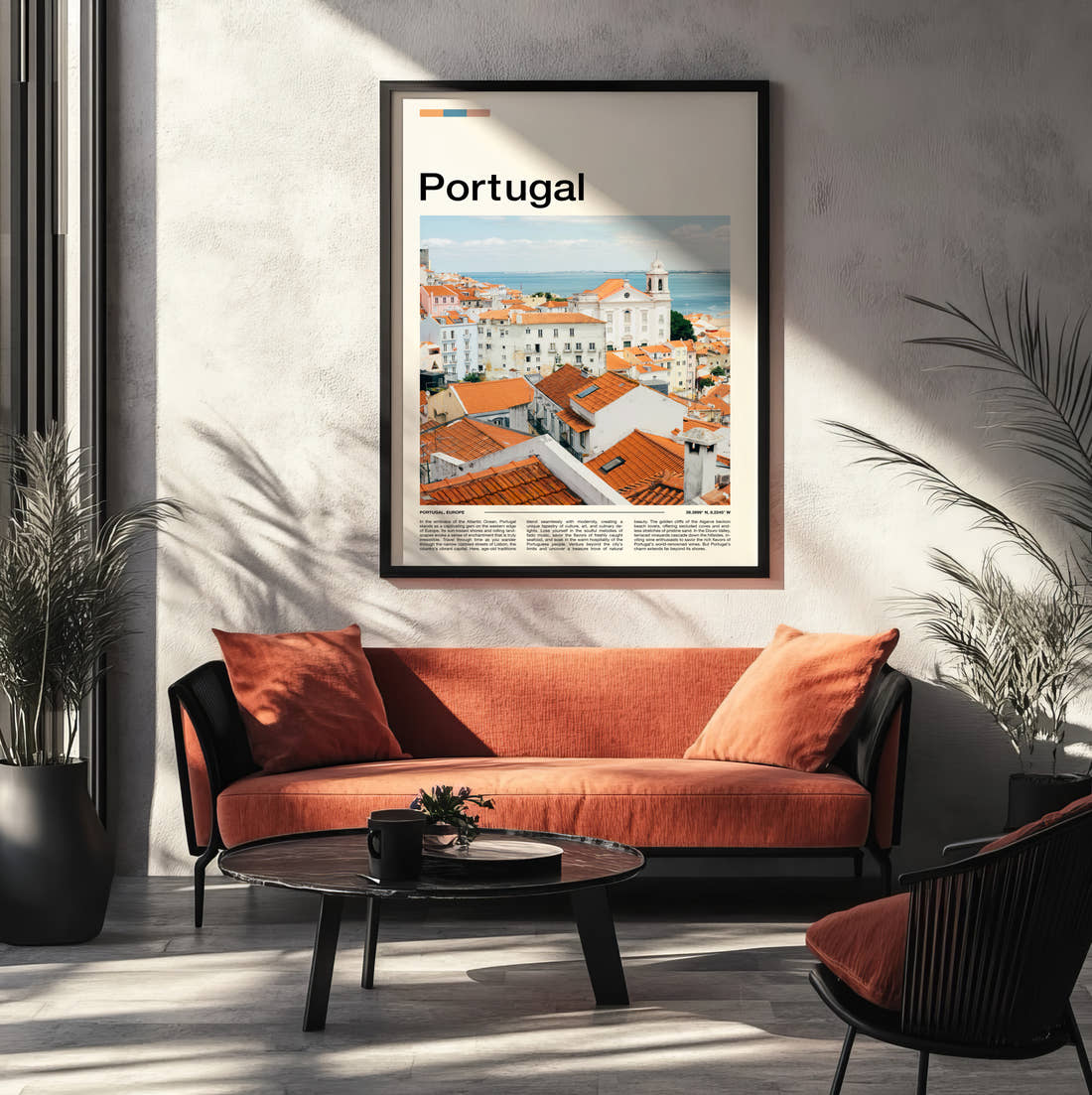 Portugal White Houses And Rooftops Travel Print framed on the wall of a modern living room
