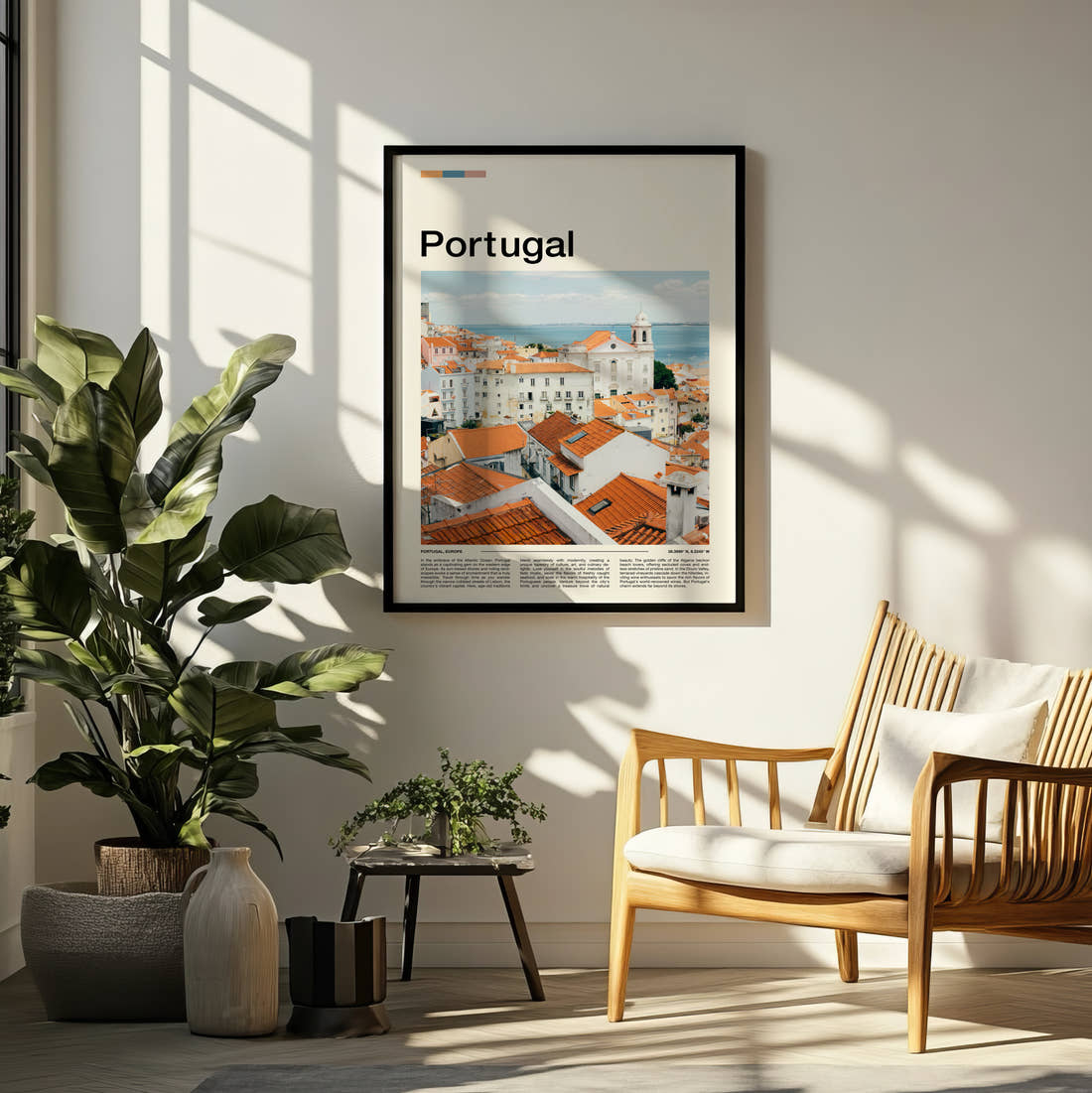 Portugal White Houses And Rooftops Travel Print framed on a pale wall beside houseplants