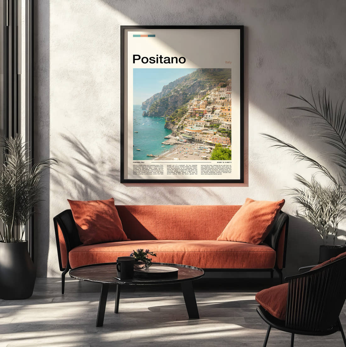 Positano Cliffside Town Travel Print framed on the wall of a modern living room