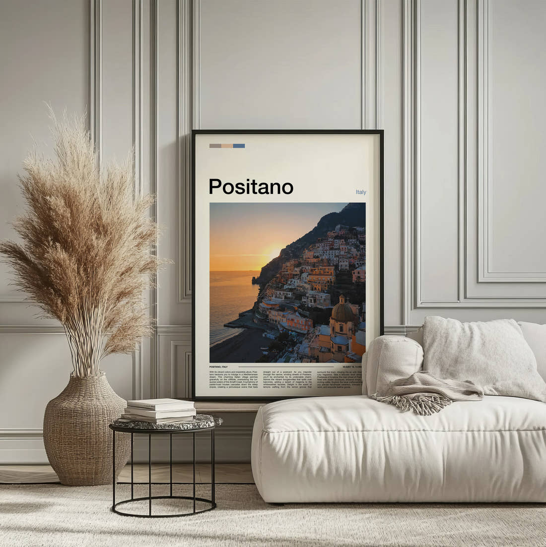 Positano Cliffside Town At Sunset Travel Print framed on the wall of a calm, neutral bedroom
