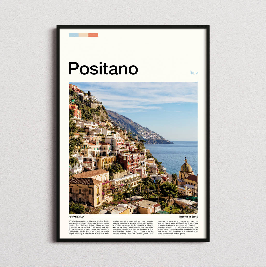 Positano Hillside Town And Sea Travel Print framed and photographed straight on