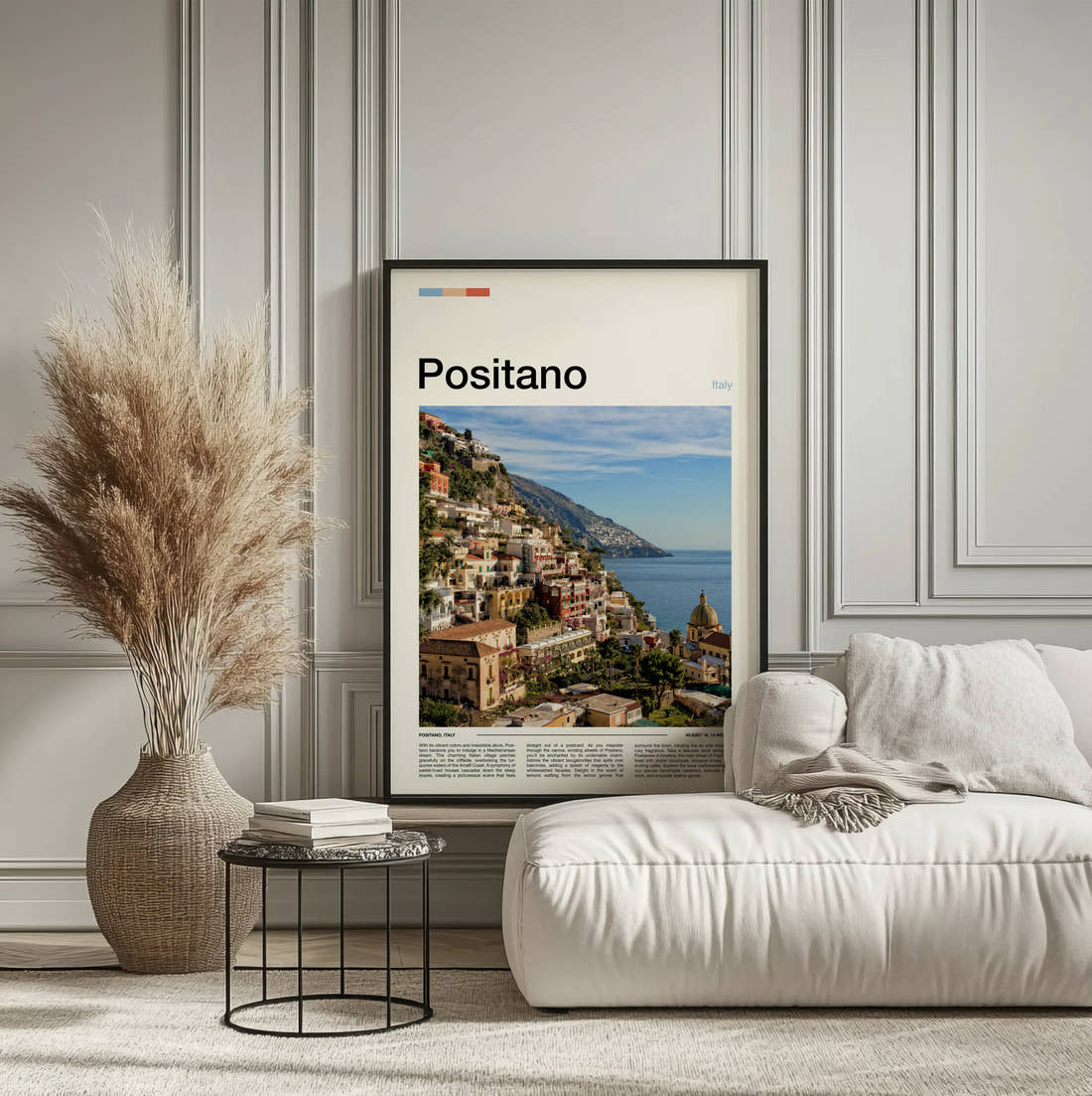 Positano Hillside Town And Sea Travel Print framed on the wall of a calm, neutral bedroom